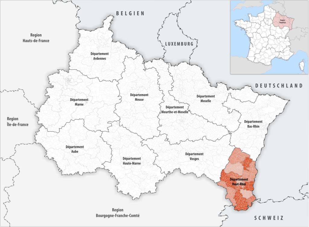 Carte de localisation du Haut-Rhin dans la région Grand Est.