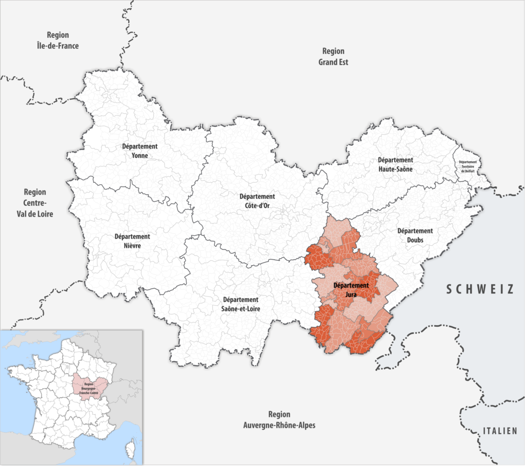 Carte de localisation du Jura dans la région Bourgogne-Franche-Comté.