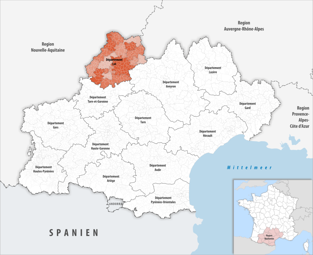 Carte de localisation du Lot dans la région Occitanie.