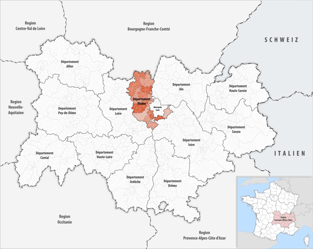 Carte de localisation du Rhône dans la région Auvergne-Rhône-Alpes.