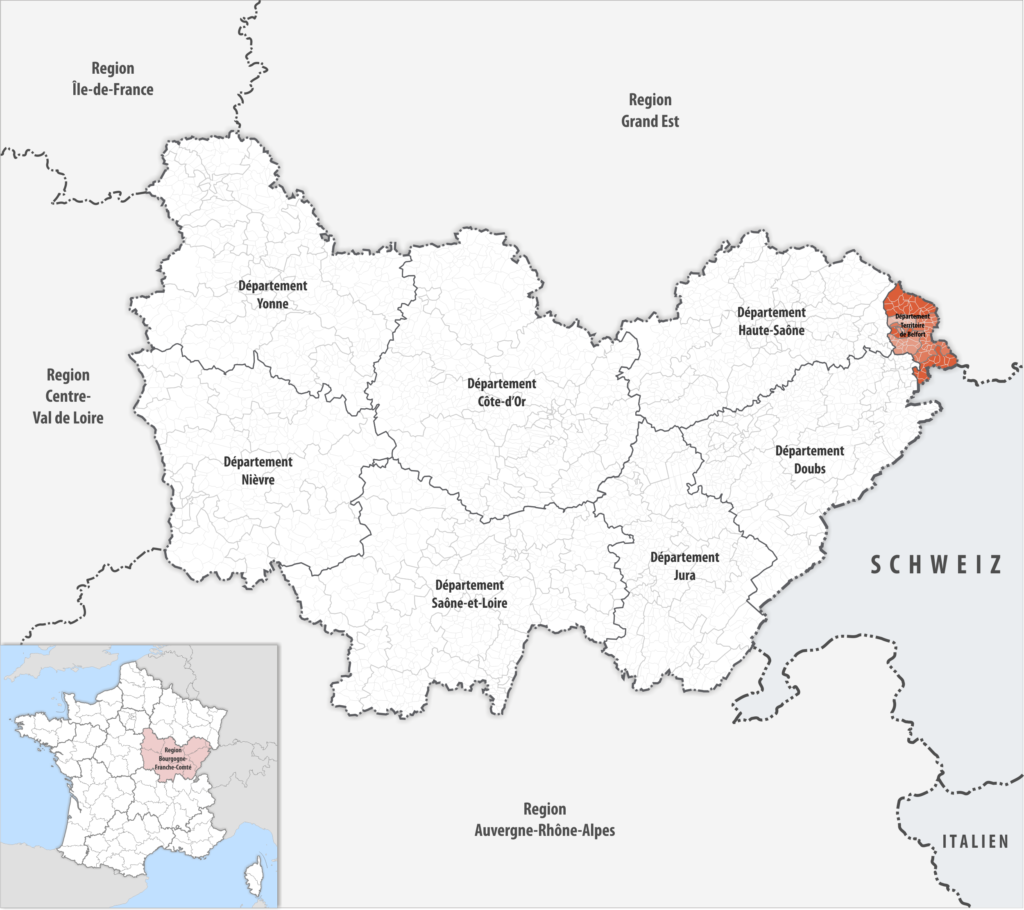 Carte de localisation du Territoire de Belfort dans la région Bourgogne-Franche-Comté.