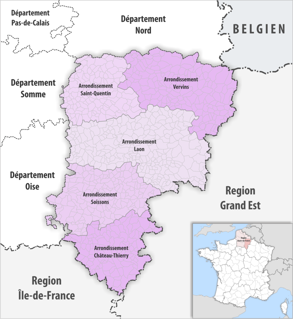 Carte des arrondissements du département de l'Aisne.