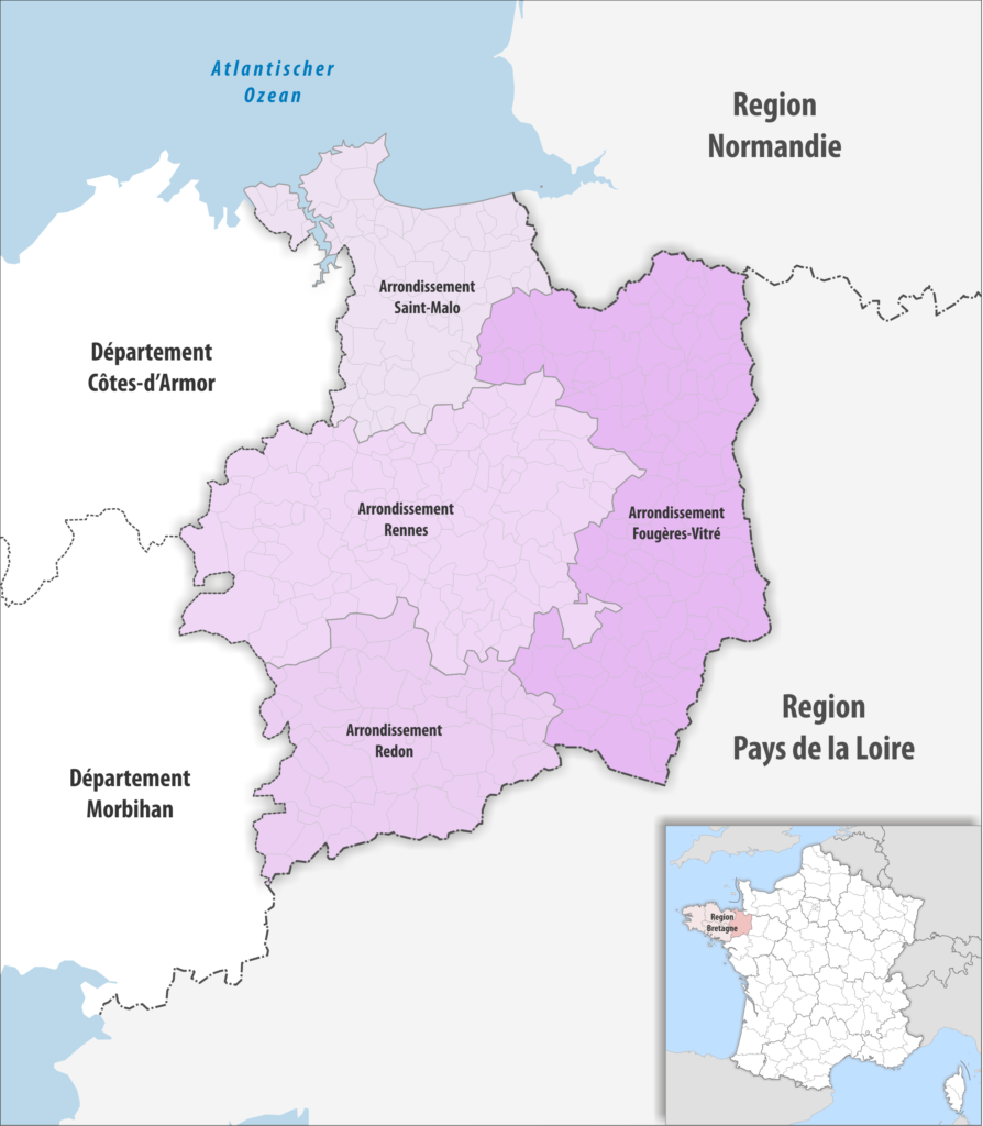 Carte des arrondissements du département d’Ille-et-Vilaine.