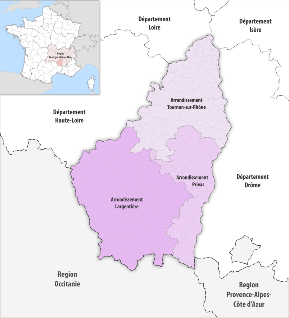 Carte des arrondissements du département de l’Ardèche.