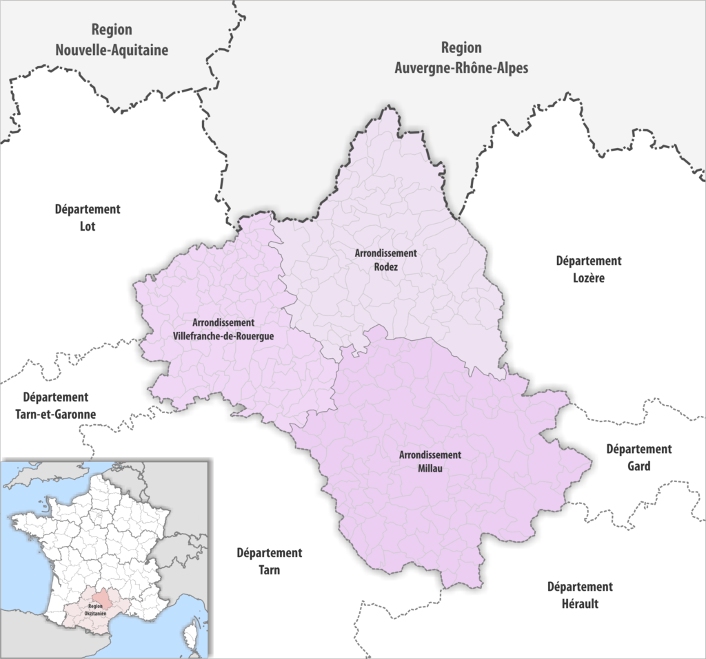 Carte des arrondissements du département de l’Aveyron.