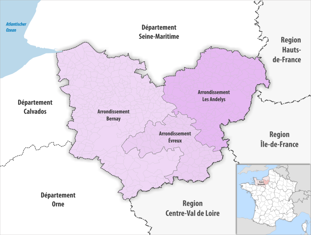 Carte des arrondissements du département de l’Eure.