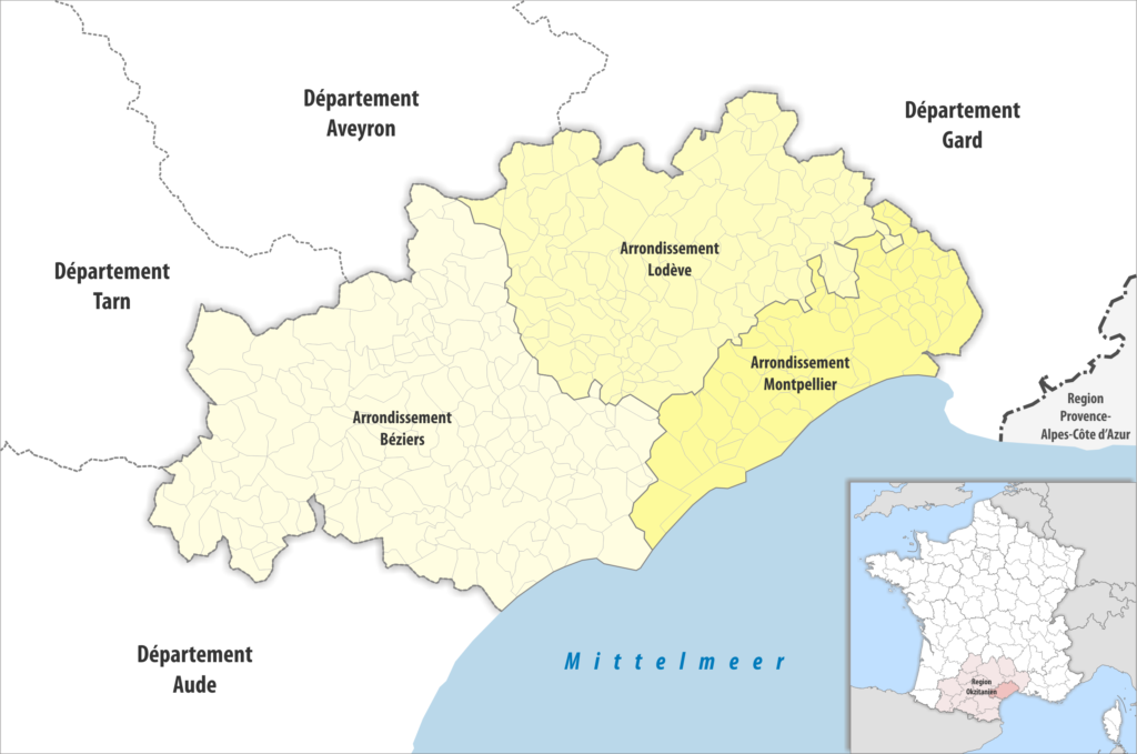 Carte des arrondissements du département de l’Hérault.