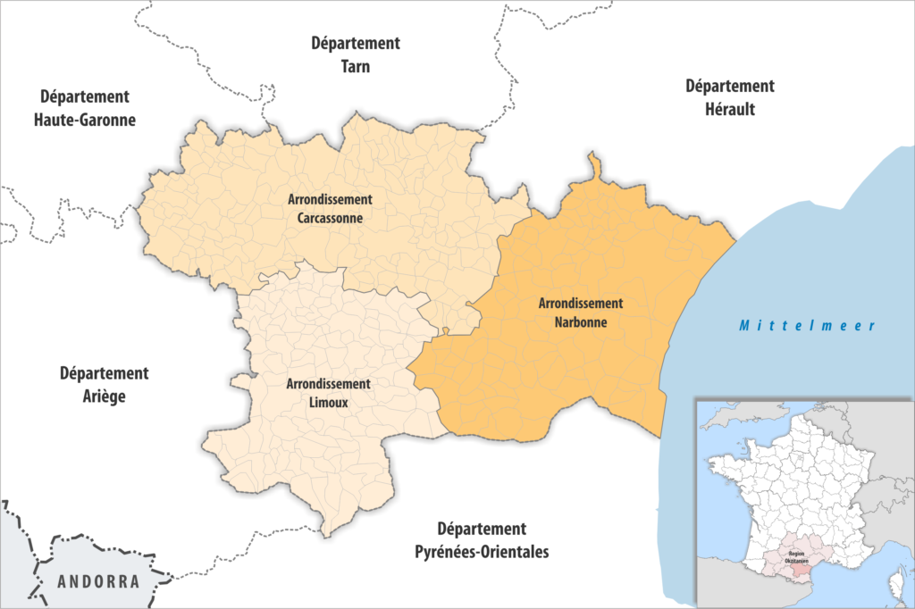 Carte des arrondissements du département de l'Aude.