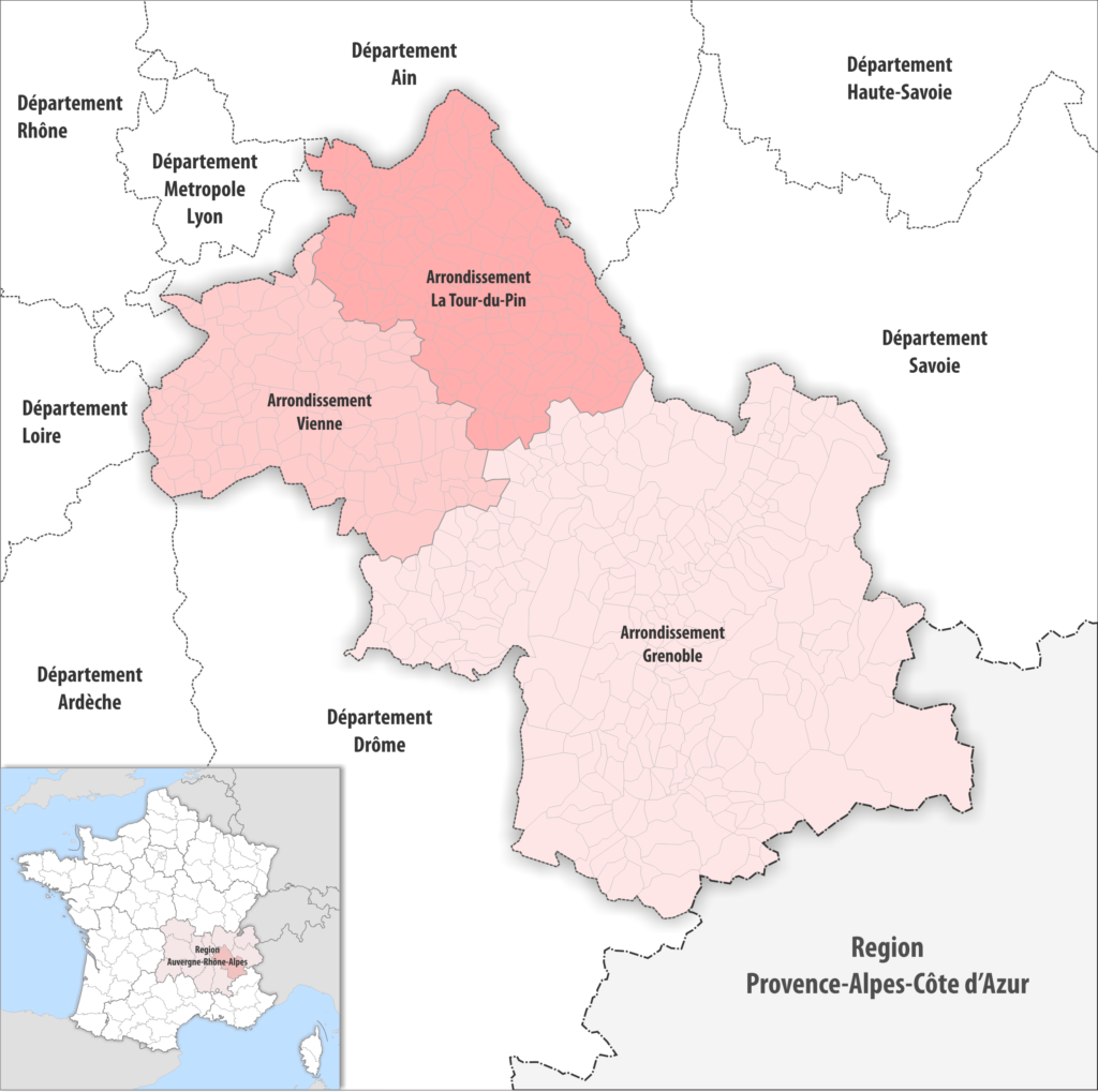 Carte des arrondissements du département de l'Isère.