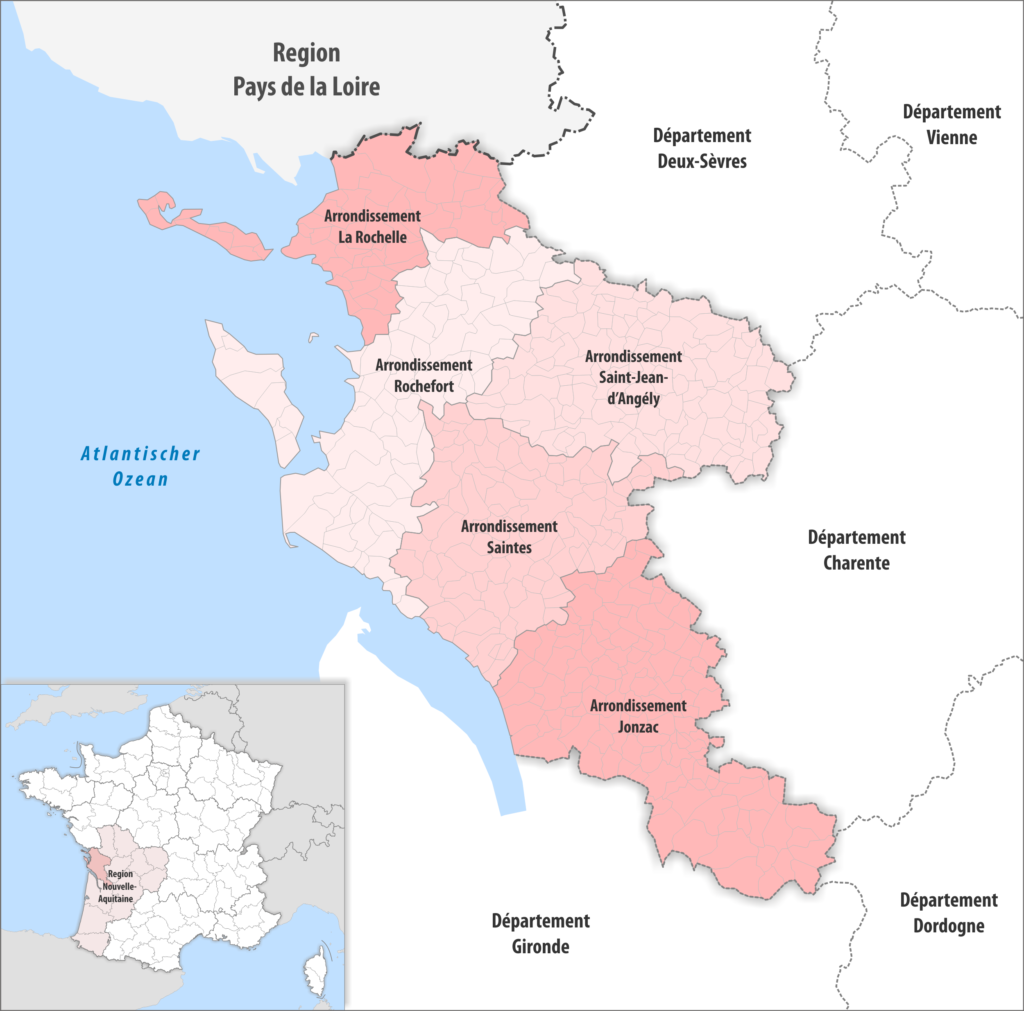 Carte des arrondissements du département de la Charente-Maritime.