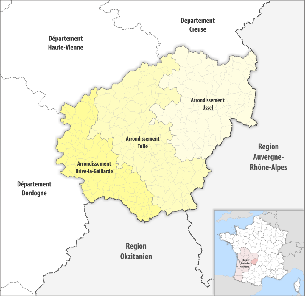 Carte des arrondissements du département de la Corrèze.
