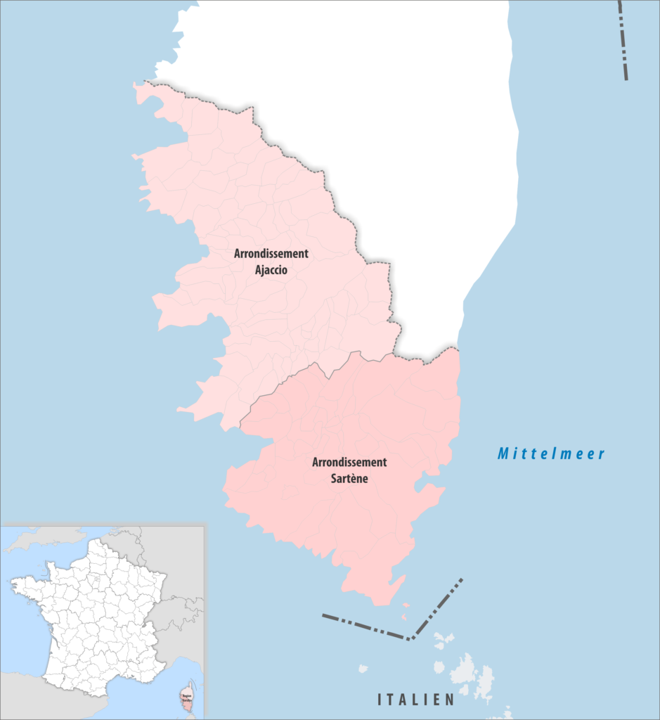 Carte des arrondissements du département de la Corse-du-Sud.