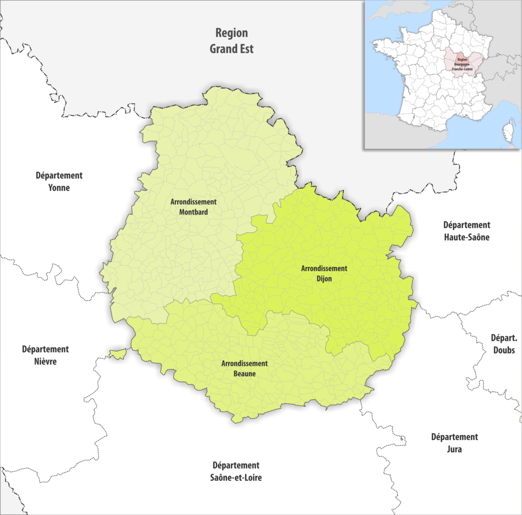Carte des arrondissements du département de la Côte-d’Or.