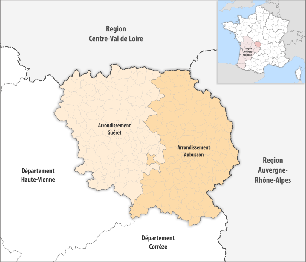 Carte des arrondissements du département de la Creuse.