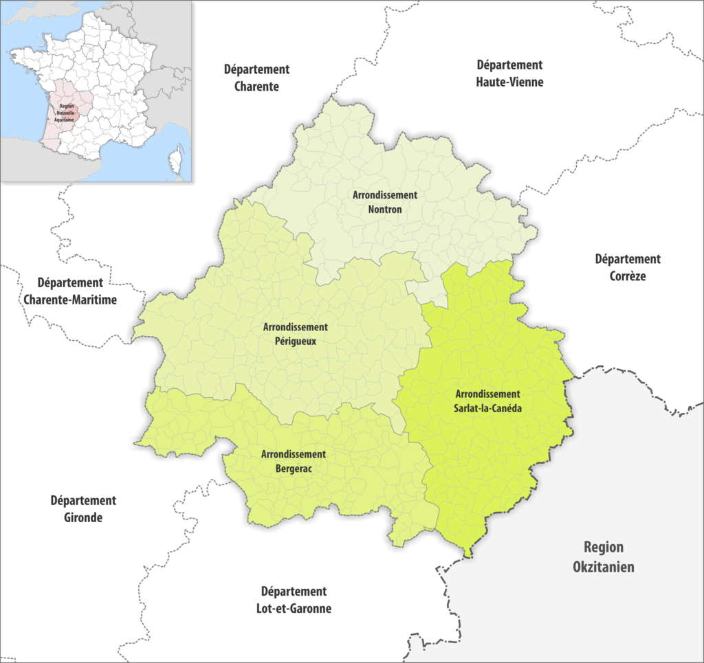 Carte des arrondissements du département de la Dordogne.