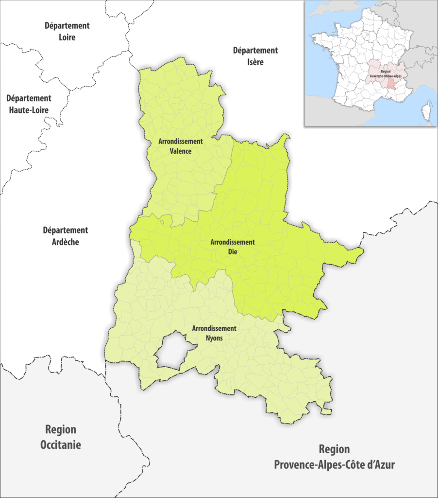 Carte des arrondissements du département de la Drôme.