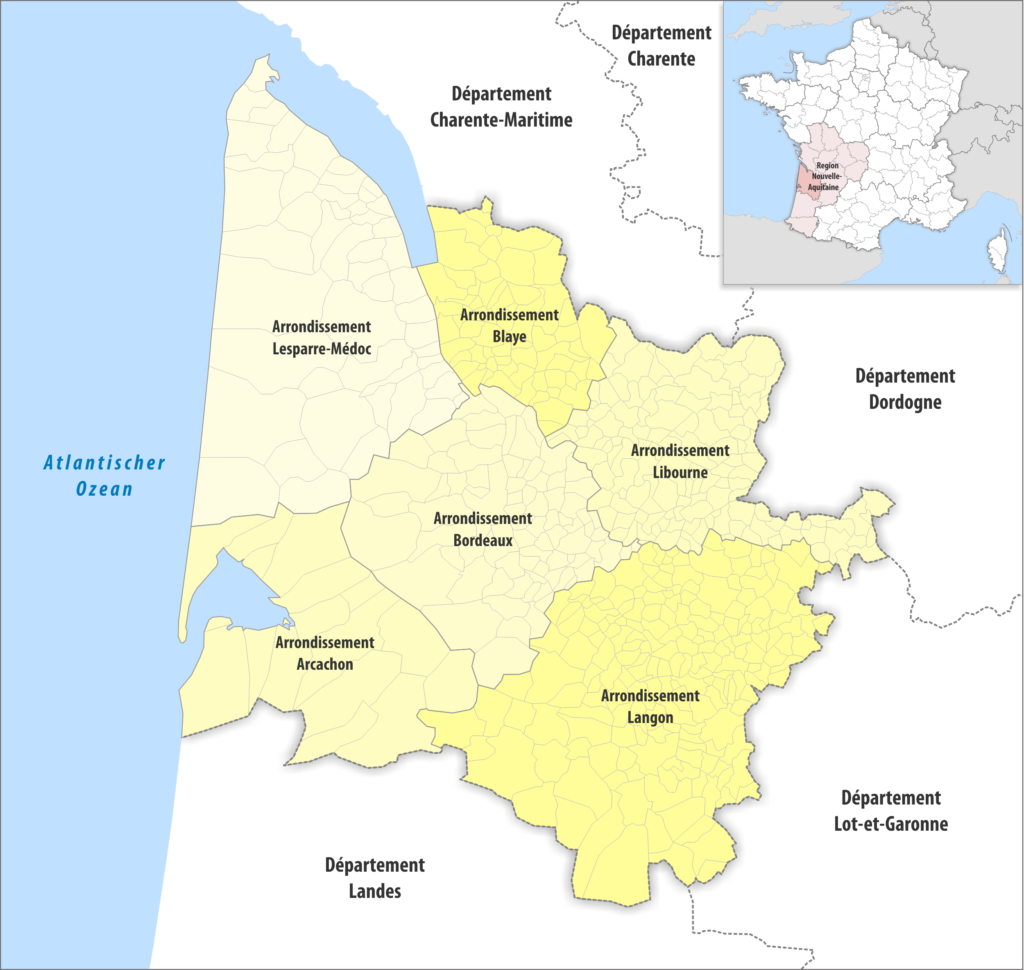 Carte des arrondissements du département de la Gironde.
