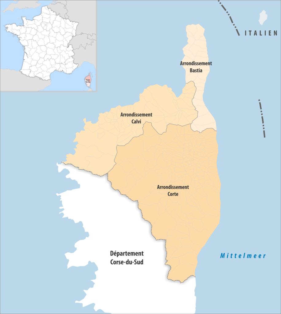 Carte des arrondissements du département de la Haute-Corse.