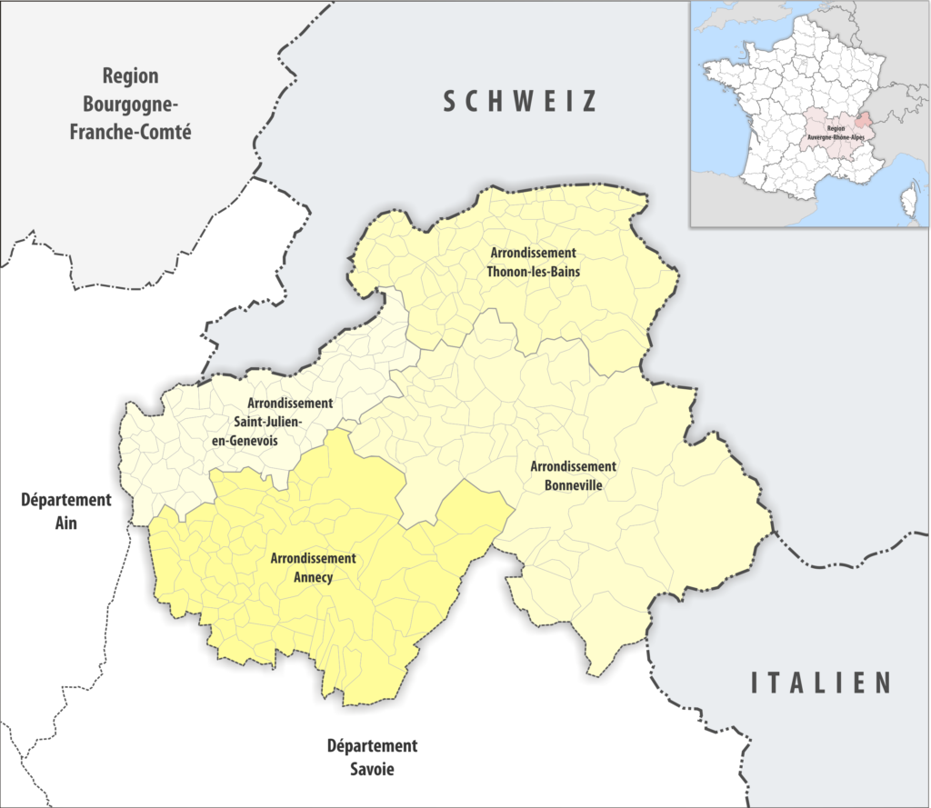 Carte des arrondissements du département de la Haute-Savoie.