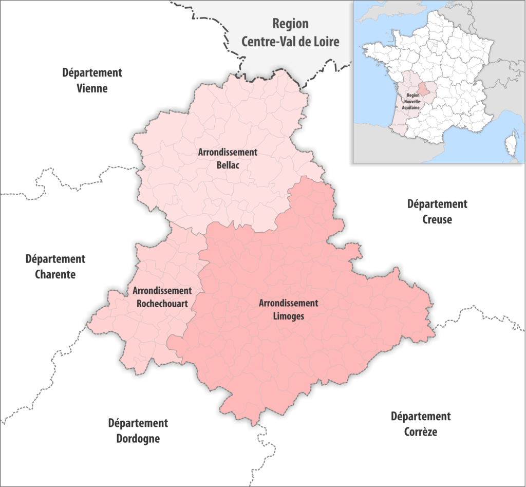 Carte des arrondissements du département de la Haute-Vienne.