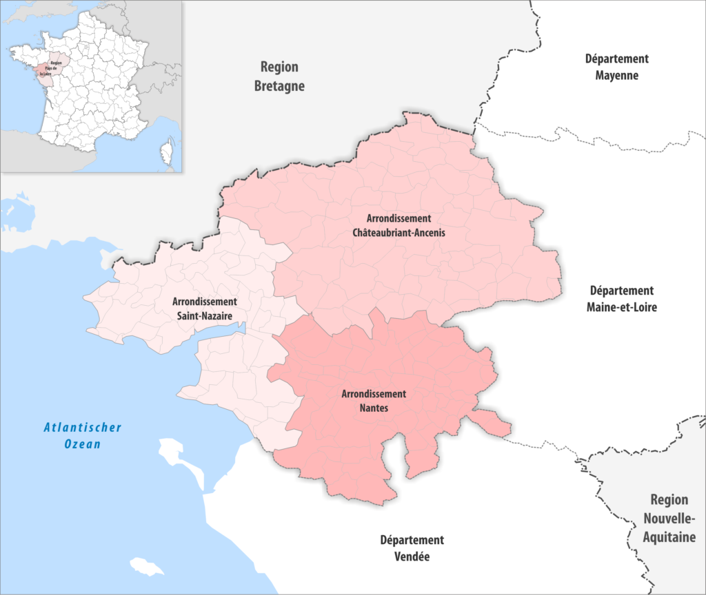 Carte des arrondissements du département de la Loire-Atlantique.