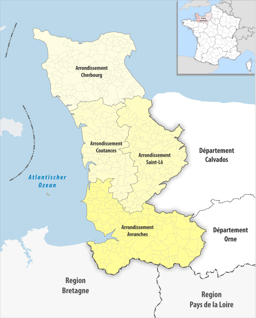 Carte des arrondissements du département de la Manche.