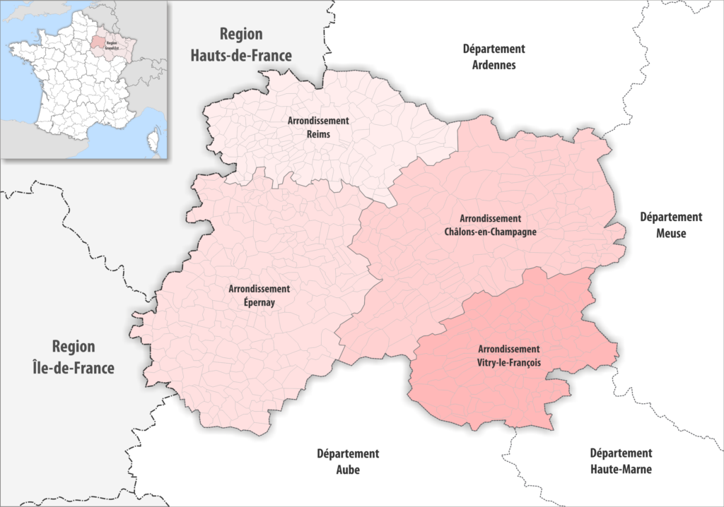 Carte des arrondissements du département de la Marne.