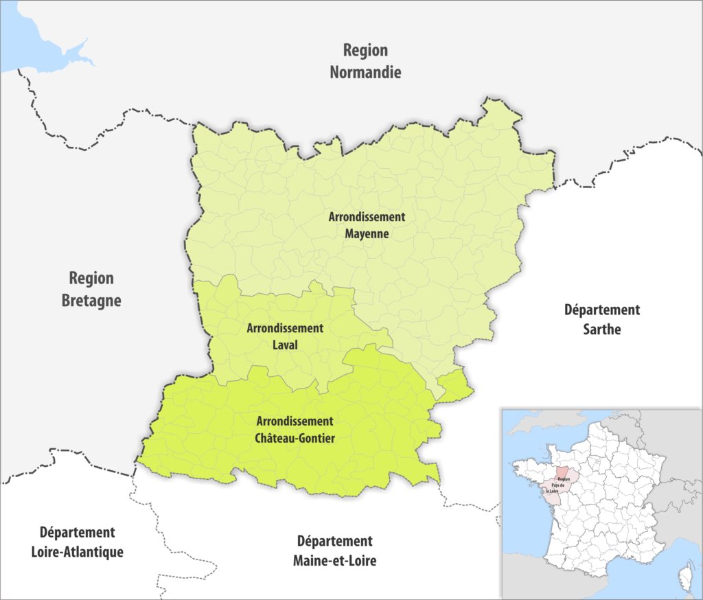 Carte des arrondissements du département de la Mayenne.