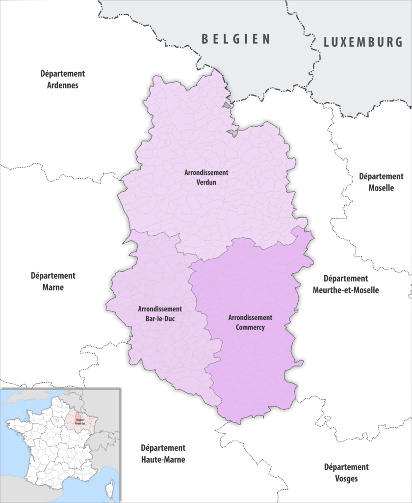Carte des arrondissements du département de la Meuse.