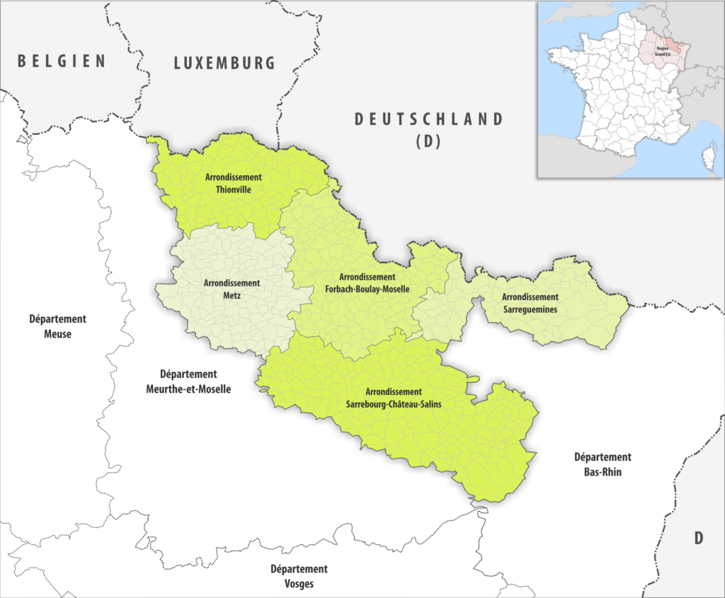 Carte des arrondissements du département de la Moselle.