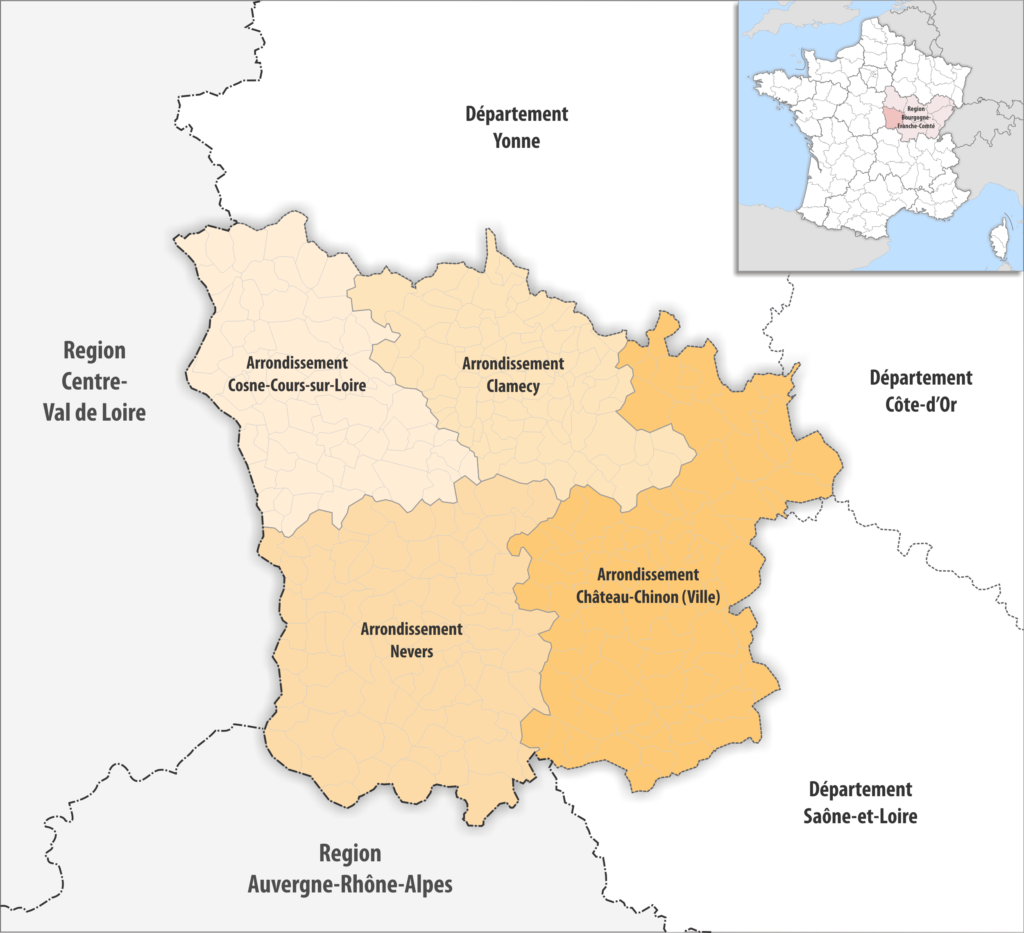 Carte des arrondissements du département de la Nièvre.