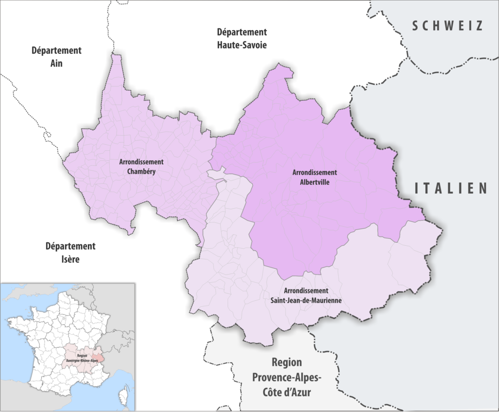 Carte des arrondissements du département de la Savoie.