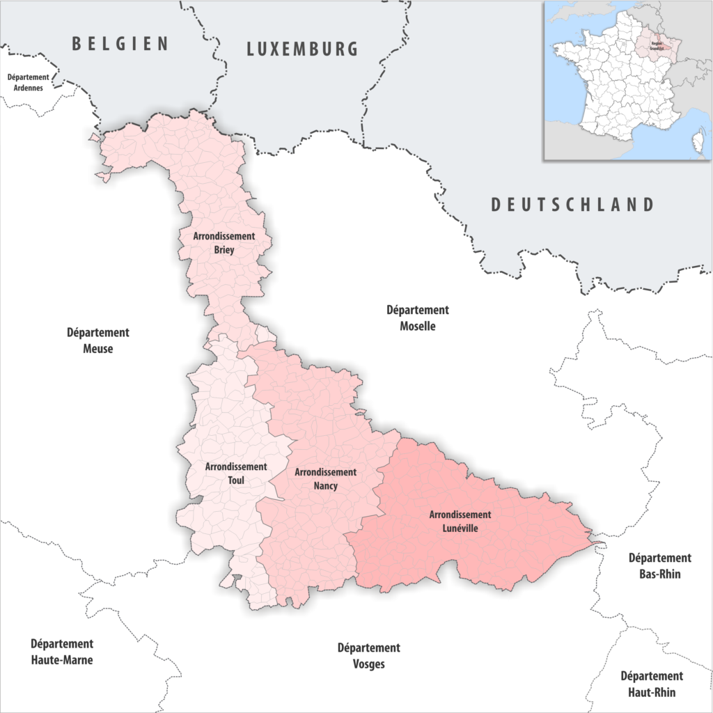 Carte des arrondissements du département de Meurthe-et-Moselle.