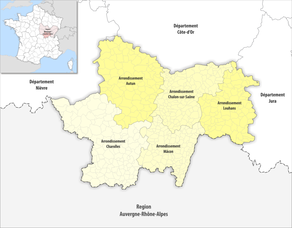 Carte des arrondissements du département de Saône-et-Loire.