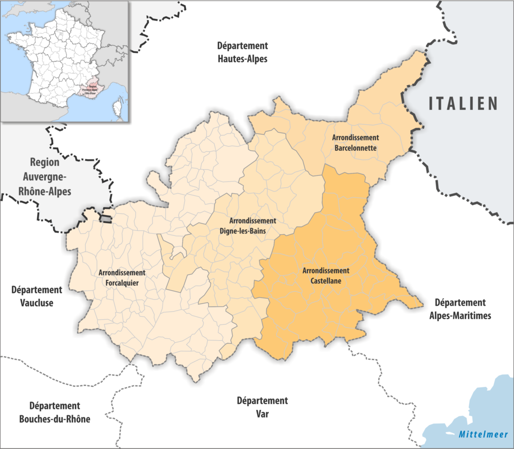 Carte des arrondissements du département des Alpes-de-Haute-Provence.