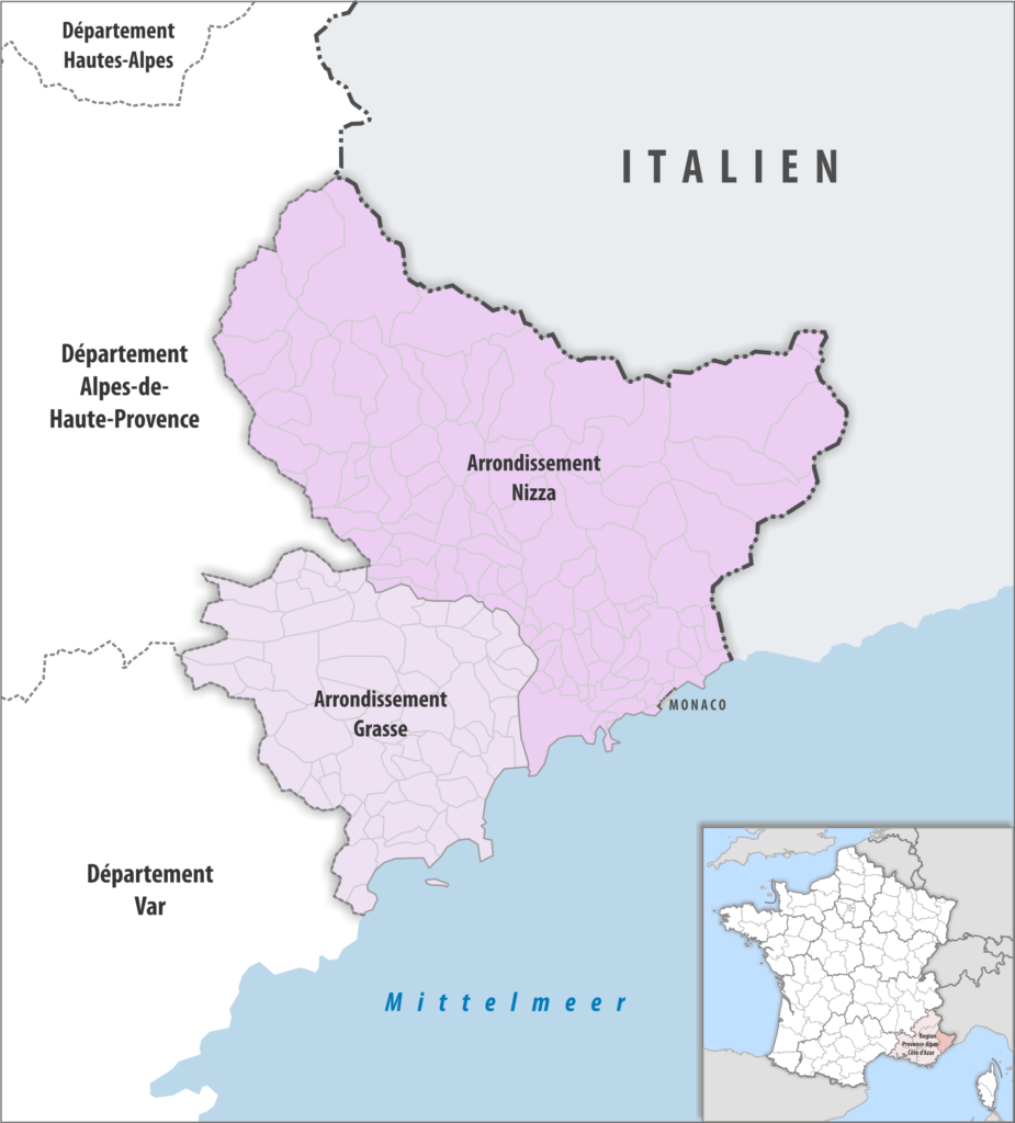 Carte des arrondissements du département des Alpes-Maritimes.