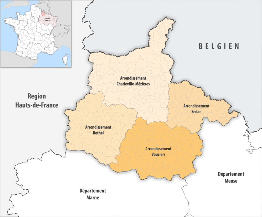 Carte des arrondissements du département des Ardennes.
