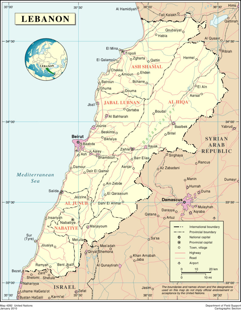 Carte des principales villes du Liban.