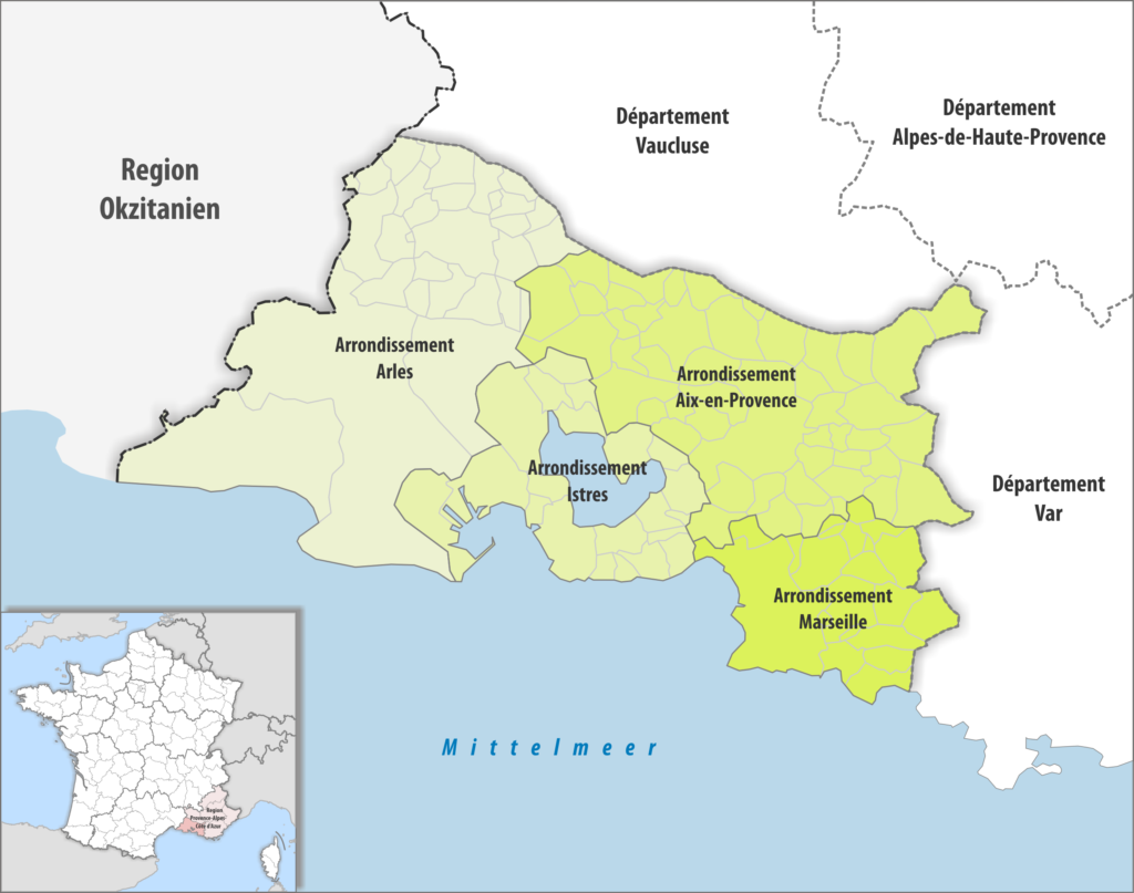 Carte des arrondissements du département des Bouches-du-Rhône.
