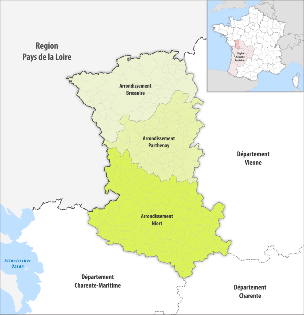 Carte des arrondissements du département des Deux-Sèvres.