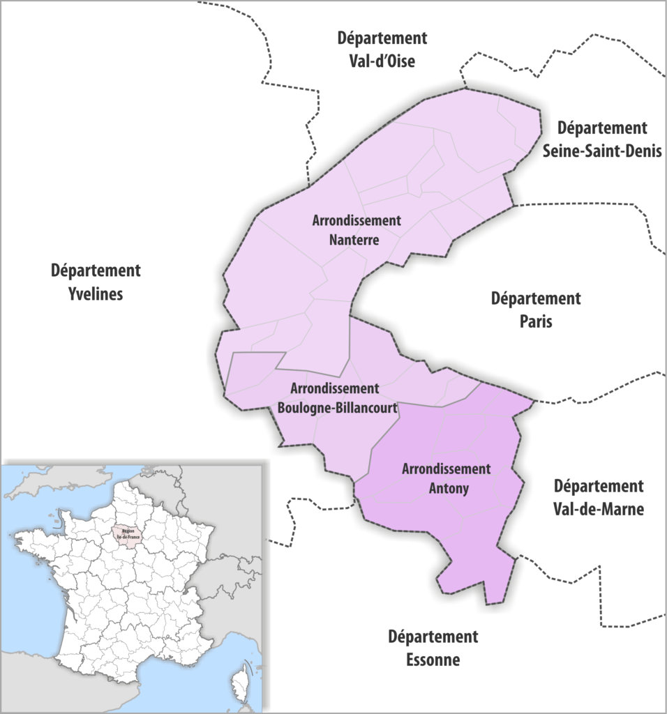 Carte des arrondissements du département des Hauts-de-Seine.