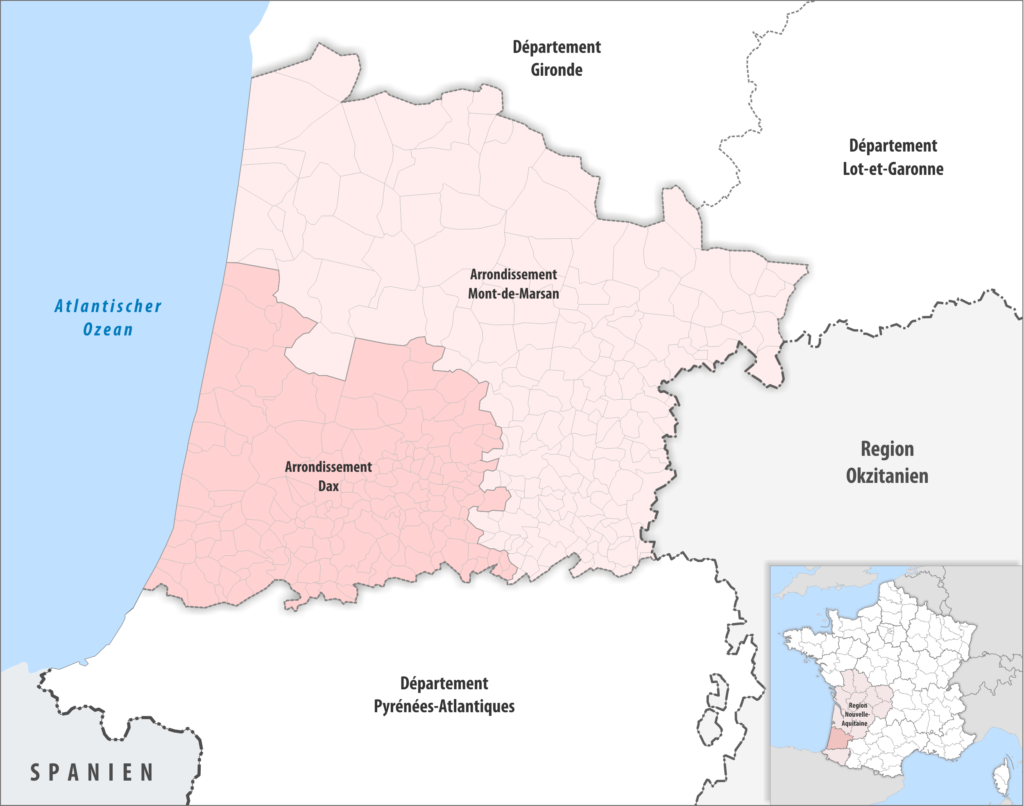 Carte des arrondissements du département des Landes.