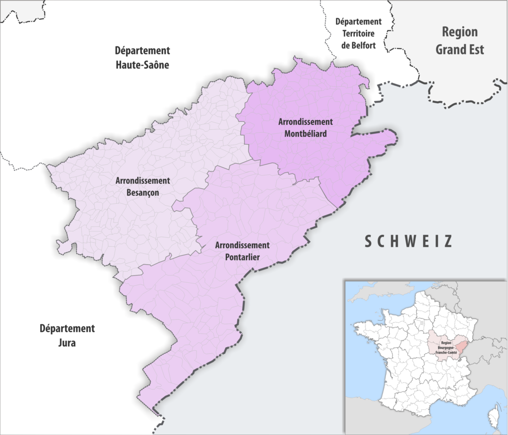 Carte des arrondissements du département du Doubs.