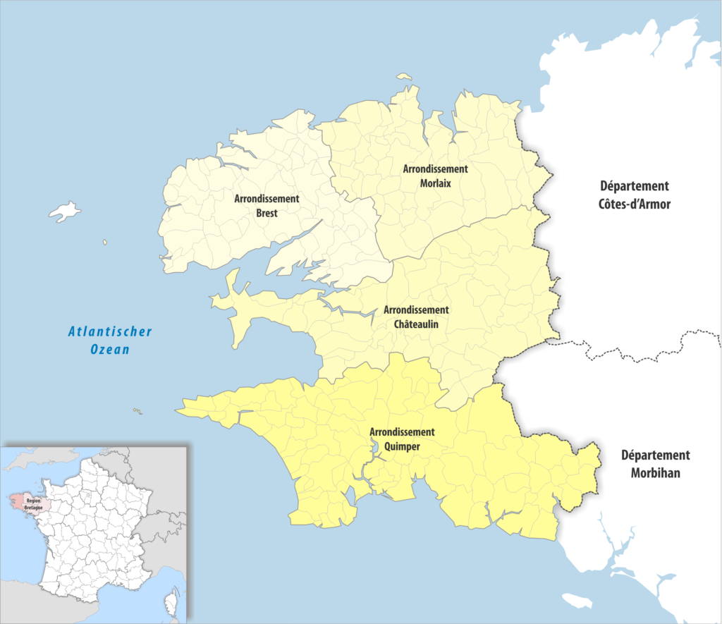 Carte des arrondissements du département du Finistère.