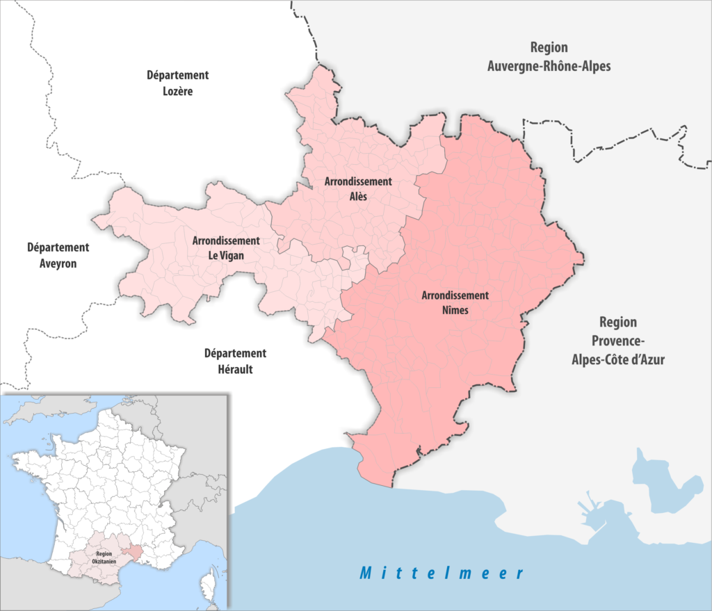 Carte des arrondissements du département du Gard.