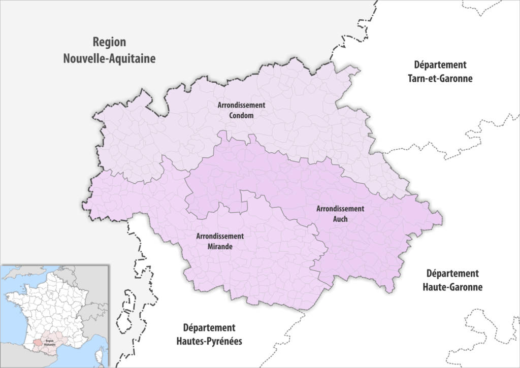Carte des arrondissements du département du Gers.