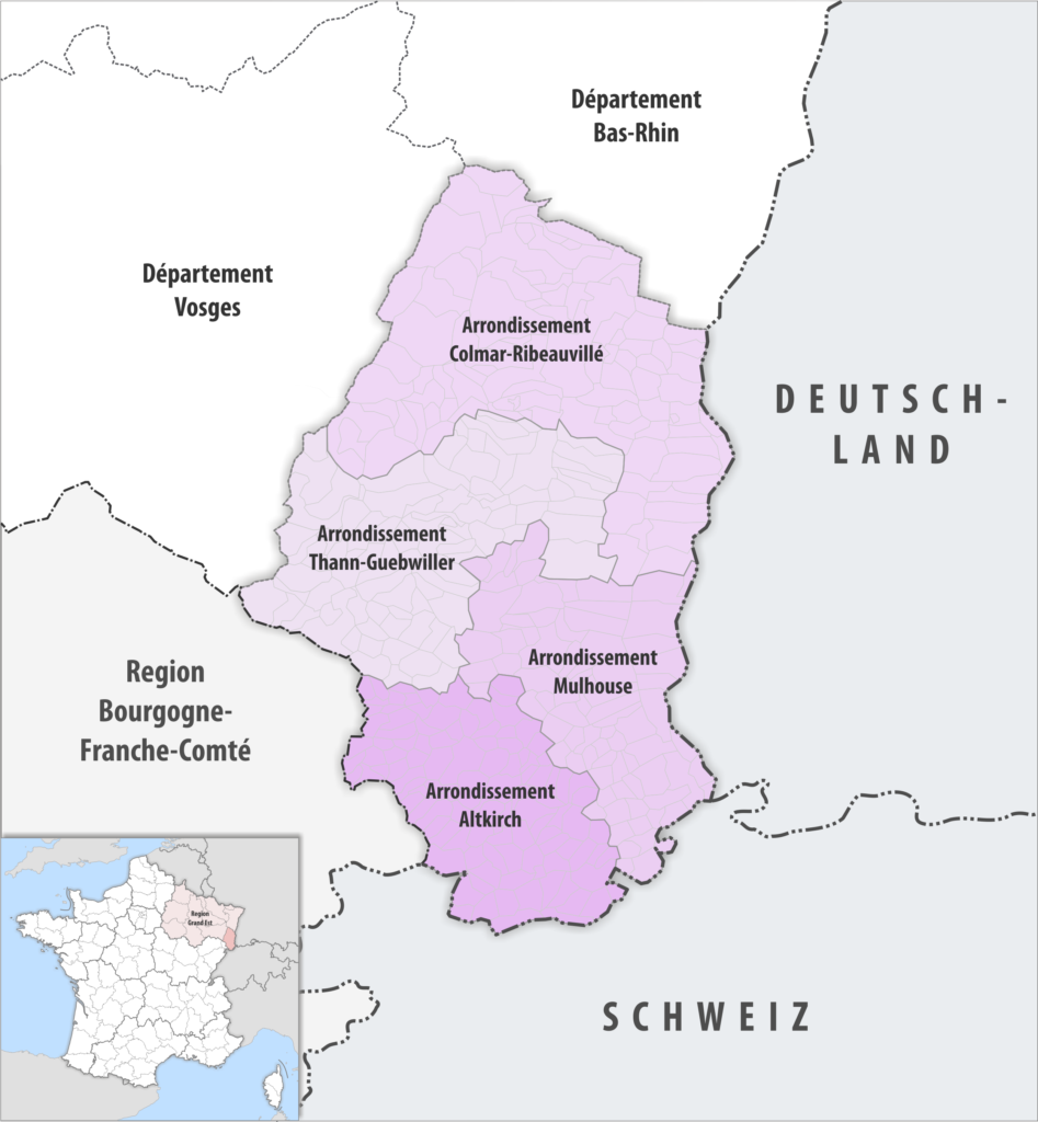 Carte des arrondissements du département du Haut-Rhin.