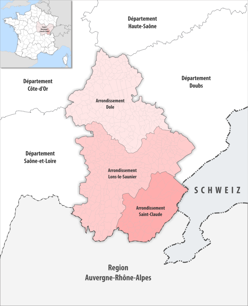 Carte des arrondissements du département du Jura.