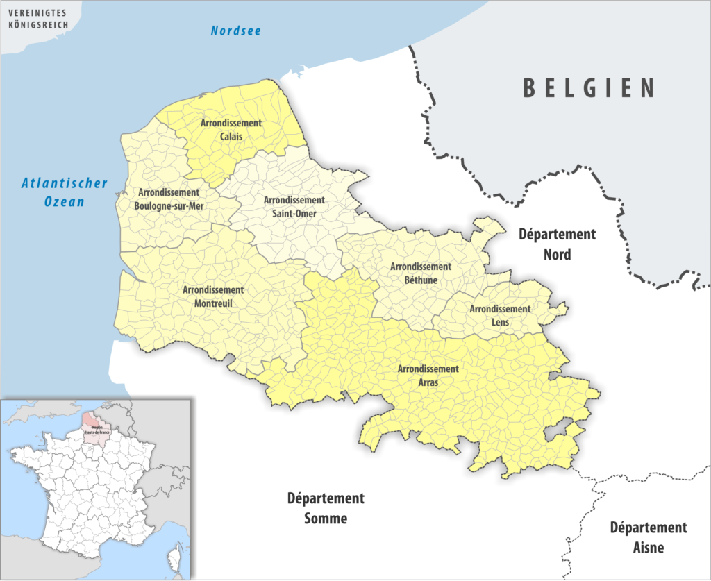 Carte des arrondissements du département du Pas-de-Calais.