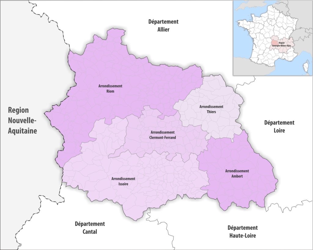 Carte des arrondissements du département du Puy-de-Dôme.